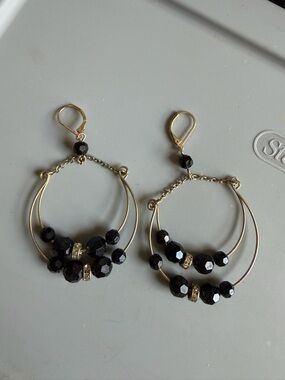 Gold-Tone Hoop Earrings with Black Faceted Beads